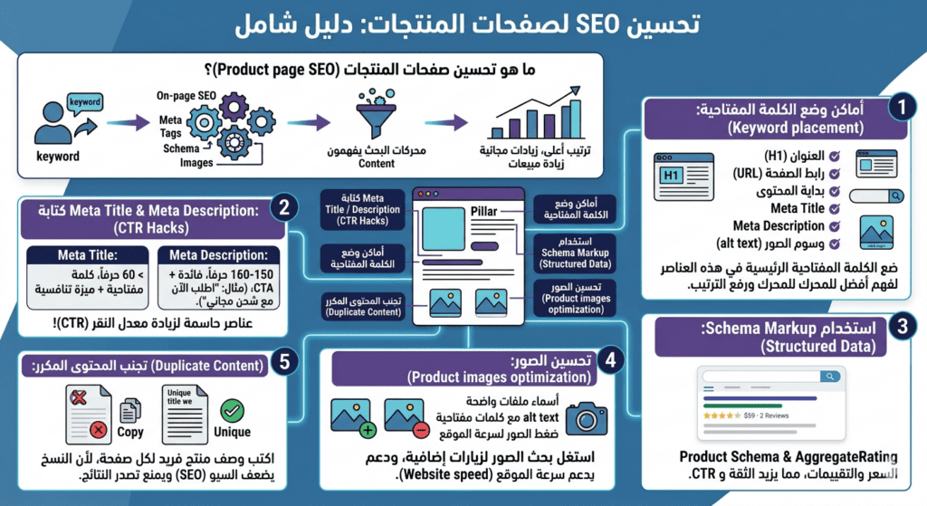 إنفوجرافيك عربي يوضح خطوات تحسين SEO لصفحات المنتجات في المتاجر الإلكترونية عبر وضع الكلمات المفتاحية، كتابة الميتا، استخدام Schema، تحسين الصور، وتجنب المحتوى المكرر