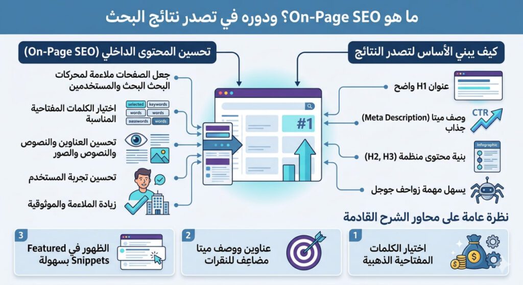 إنفوجرافيك عربي يشرح مفهوم تحسين محركات البحث الداخلي On‑Page SEO ودوره في تصدر نتائج البحث، مع رموز للكلمات المفتاحية والعناوين وتجربة المستخدم وزواحف جوجل