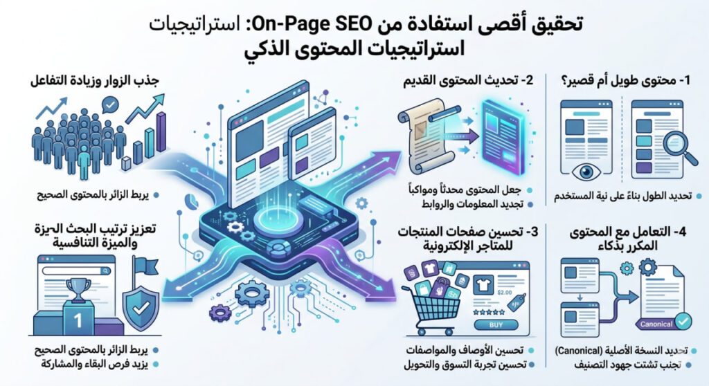 إنفوجرافيك عربي يوضح استراتيجيات المحتوى الذكي لتحقيق أقصى استفادة من On‑Page SEO عبر أربع ممارسات تشمل تحديد طول المحتوى، تحديث المحتوى القديم، تحسين صفحات المنتجات، والتعامل مع المحتوى المكرر