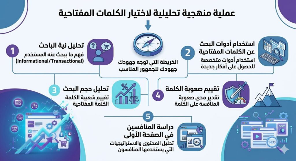 إنفوجرافيك عربي يوضح عملية تحليل واختيار الكلمات المفتاحية في SEO عبر خمس مراحل تشمل تحليل نية الباحث، استخدام أدوات الكلمات المفتاحية، تحليل حجم البحث، تقييم صعوبة الكلمة، ودراسة المنافسين