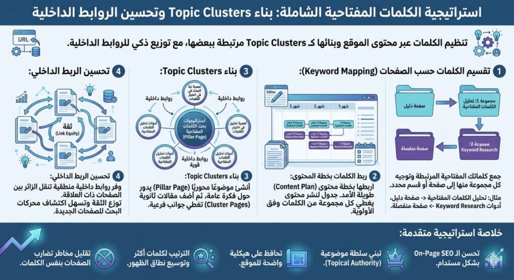 إنفوجرافيك عربي يوضح استراتيجية الكلمات المفتاحية الشاملة عبر بناء Topic Clusters وتحسين الربط الداخلي، مع رسومات لصفحات مترابطة ومجلدات وخطط محتوى