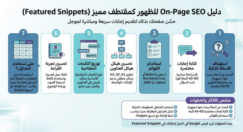 إنفوجرافيك عربي يوضح خطوات تحسين صفحات الويب للظهور كمقتطفات مميزة Featured Snippets عبر استهداف الأسئلة، كتابة إجابات مختصرة، استخدام القوائم، تحسين العناوين، توزيع الكلمات المفتاحية، تحسين القراءة، واستخدام الجداول