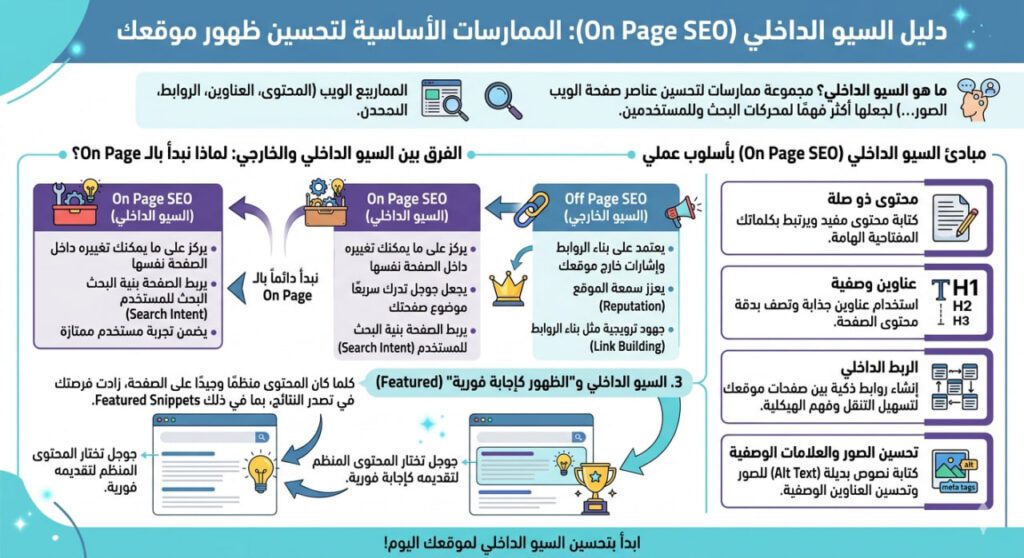 إنفوجرافيك عربي يوضح دليل السيو الداخلي On‑Page SEO عبر شرح المفهوم، الفرق بين السيو الداخلي والخارجي، وأهم الممارسات العملية لتحسين ظهور صفحات الموقع في محركات البحث