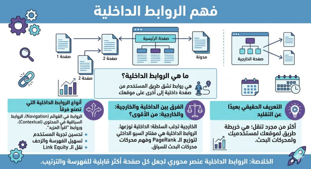 إنفوجرافيك عربي يشرح مفهوم الروابط الداخلية في المواقع الإلكترونية، أنواعها، وأهميتها في تحسين تجربة المستخدم وفهرسة محركات البحث، مع رسومات لصفحات مترابطة داخل الموقع