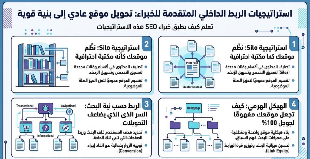 إنفوجرافيك عربي يوضح استراتيجيات الربط الداخلي المتقدمة في SEO مثل Silo Structure، الربط حسب نية البحث، والهيكل الهرمي، مع رسومات لصفحات مترابطة وبنية موقع منظمة