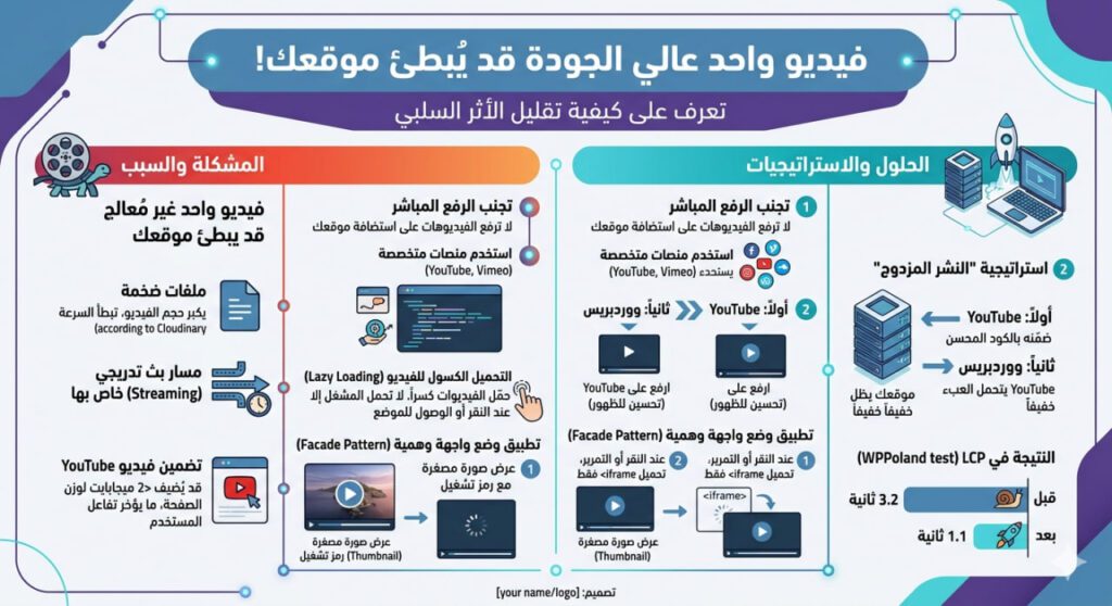 إنفوجرافيك عربي يوضح تأثير الفيديوهات على سرعة الموقع وكيفية تحسين أدائها عبر التحميل الكسول، الرفع على منصات خارجية، واستخدام واجهة وهمية قبل التشغيل